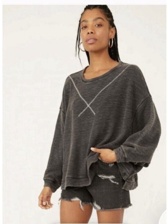 Free People Sweaters - Free People Come Again Oversized Sweatshirt Black Textured Long Sleeve Sz M